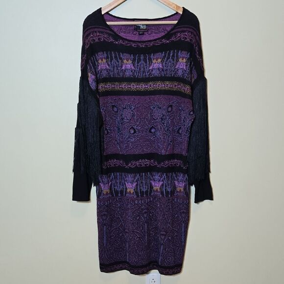 Rara Avis by Iris Apfel Fringe Sleeve Sweater Dress Size 1X Purple Arsty Western - Picture 9 of 15